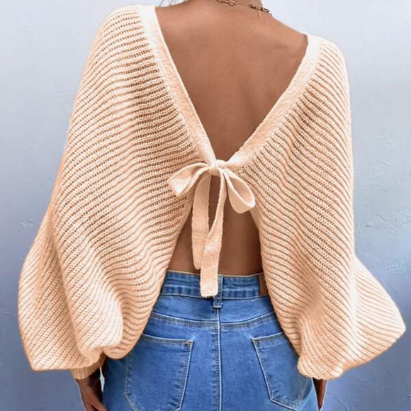 Cozy Green Open Back Knit Sweater Top Minimalist - Picture 12 of 13